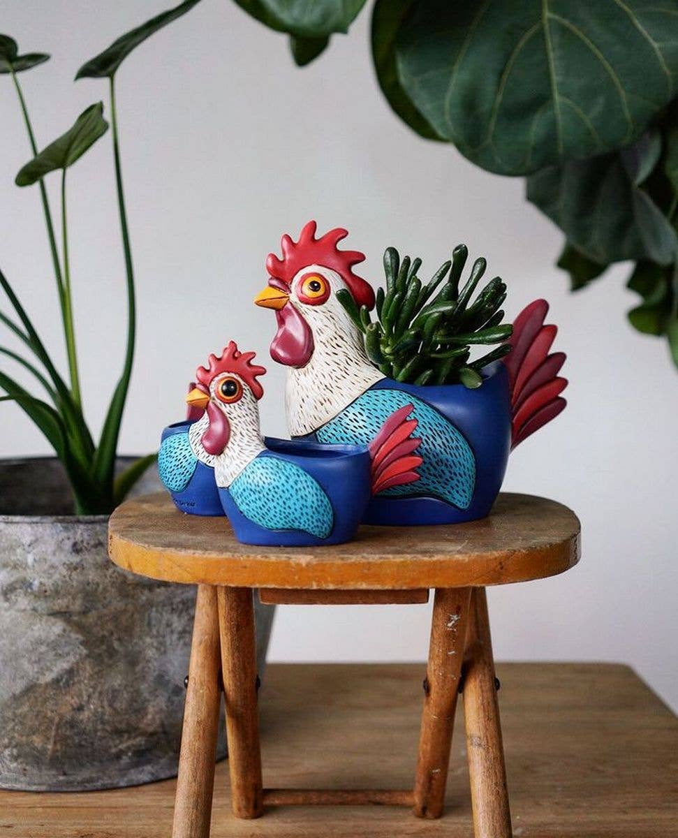 Rooster Planter | Hand - Painted Polyresin Farmhouse Planter with Drainage - Oldboy&