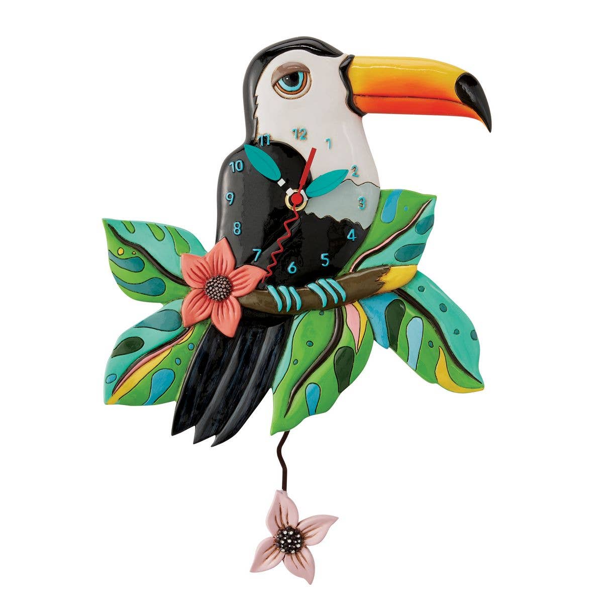 &quot;Toucan Tom&quot; Clock | Hand - Painted Tropical Wall Clock with Flower Pendulum - Oldboy&